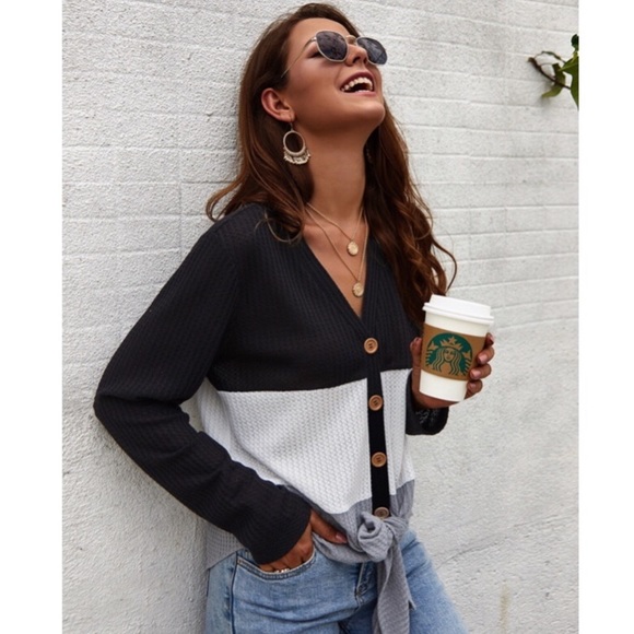 Color Block Waffle Knit Button-Up Long Sleeve Top - Picture 3 of 3